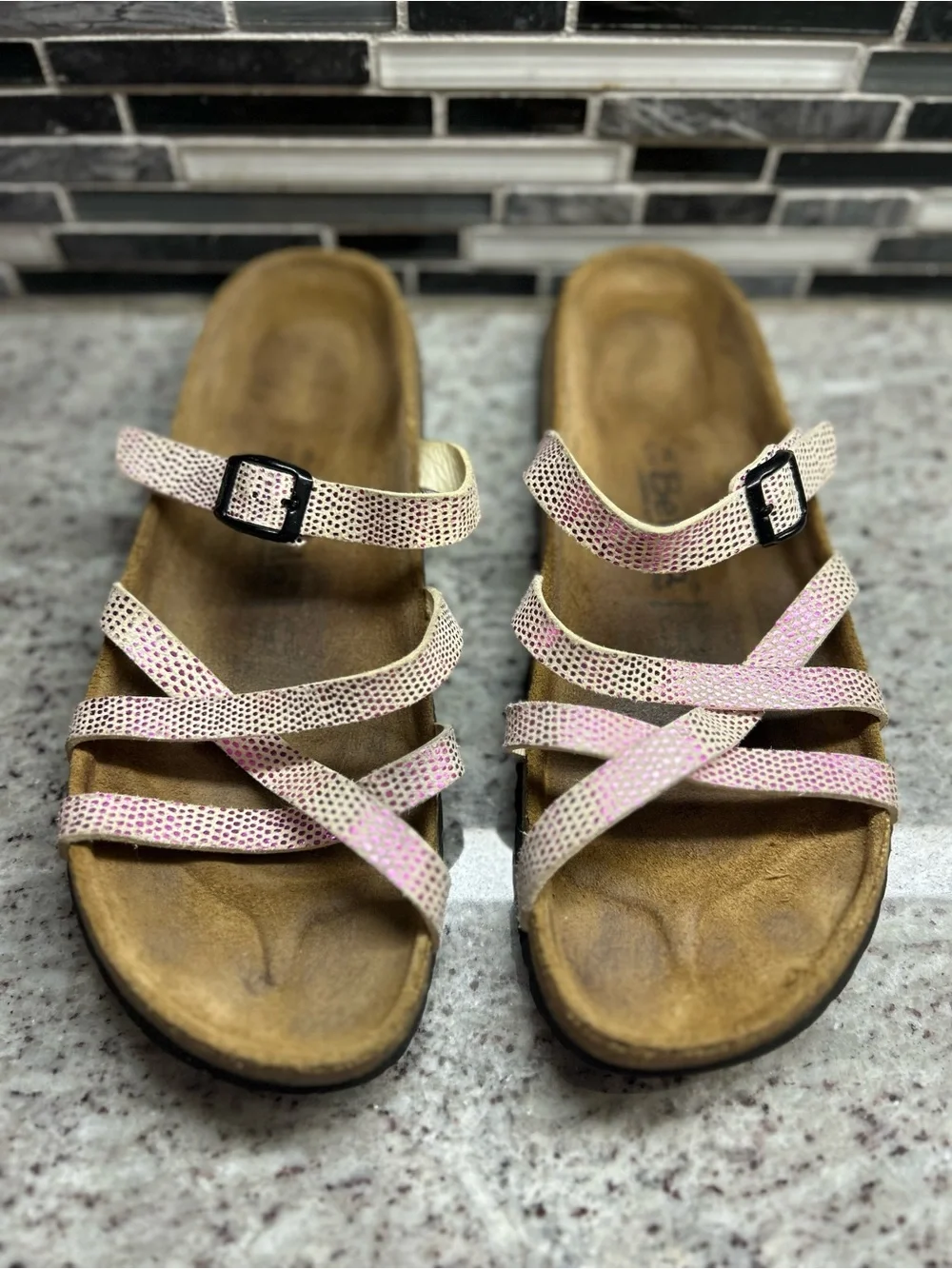 Birkenstock Pink &white Metallic Strappy Slide Sandals size 11(42)